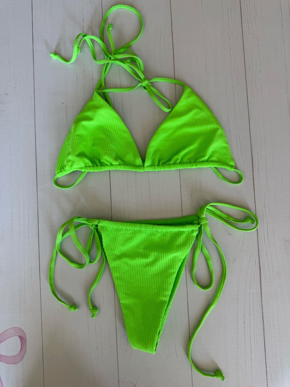 Frankies Bikini's Triangle top and Tie side Bottom "Green Glow" Size Large